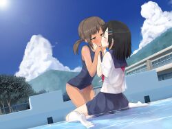  2girls black_hair blush brown_hair closed_eyes cloud commentary_request couple day empty_pool french_kiss hair_ornament hairclip hands_on_another&#039;s_cheeks hands_on_another&#039;s_face kissing leaning_forward lens_flare masamuuu multiple_girls one-piece_swimsuit original outdoors photoshop_(medium) pool school school_swimsuit school_uniform serafuku shallow_water short_hair short_twintails sitting skirt swimsuit tan tongue tree twintails wariza water wet white_legwear yuri 