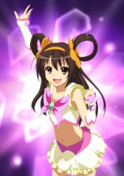  brown_eyes brown_hair butterfly_brooch commentary_request cosplay crop_top cure_dream cure_dream_(cosplay) cure_dream_pose female frills hair_rings hairband henshin highres iyakun long_hair navel open_mouth orange_hairband outstretched_arm precure ribbon skirt solo suzumiya_haruhi suzumiya_haruhi_no_yuuutsu transformation yes!_precure_5 