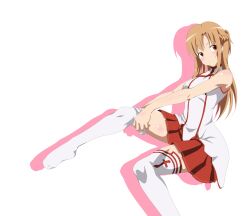  absurdres adjusting_clothes adjusting_legwear akou_(phoenix777) asuna_(sao) bare_arms blush brown_eyes brown_hair commentary_request female highres knights_of_blood_uniform_(sao) long_hair long_legs miniskirt outstretched_leg pleated_skirt red_skirt skirt smile solo sword_art_online thighhighs thighhighs_pull thighs white_thighhighs 