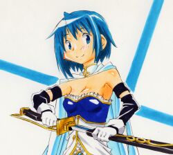  bad_id bad_pixiv_id blue_eyes blue_hair cape female gensei-225 gloves magical_girl mahou_shoujo_madoka_magica mahou_shoujo_madoka_magica_(anime) miki_sayaka miki_sayaka_(magical_girl) scabbard sheath short_hair smile solo soul_gem sword weapon 