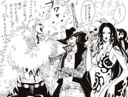  2boys boa boa_hancock breasts cleavage crossed_arms donquixote_doflamingo dracule_mihawk dress earrings facial_hair feather_boa female female goatee hat heart jewelry jolly_roger katana kogatana lily_(artist) male monochrome moustache multiple_boys muscle necklace one_piece open_clothes open_shirt popped_collar salome_(one_piece) shichibukai shirt skull snake spoken_heart standing sunglasses sword text thought_bubble translated weapon yoru_(one_piece) 