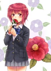  blazer blush camellia cherry_blossom! commentary_request cowboy_shot female floral_background flower holding holding_flower jacket kikuna_tsubaki looking_at_viewer pink_eyes red_hair school_uniform short_hair skirt smelling_flower solo yakusa 