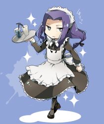  1boy alternate_costume apron blue_background chibi commentary_request crossdressing enmaided fate/zero fate_(series) full_body lancelot_(fate/zero) long_hair maid maid_headdress male_focus mary_janes nobo_(nobocoz) pantyhose photoshop_(medium) purple_eyes purple_hair shoes simple_background solo sparkle tray 