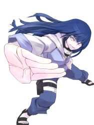  blue_eyes blue_hair commentary_request female fighting_stance fishnets forehead_protector foreshortening grimace highres hood hoodie hyuuga_hinata konohagakure_symbol long_hair mochi_suki naruto naruto_(series) naruto_shippuuden sandals solo 