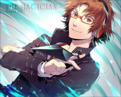  1boy bad_id bad_pixiv_id brown_eyes brown_hair glasses hanamura_yousuke headphones houndstooth kunai male_focus persona persona_4 photoshop_(medium) robinexile school_uniform smile solo weapon 