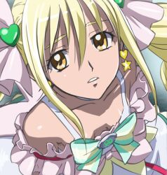  armpit_hair armpits bare_shoulders blonde_hair bow cure_echo downblouse dress earrings female flat_chest frills from_above hair_between_eyes hair_ribbon haruyama_kazunori heart jewelry long_hair looking_at_viewer looking_up magical_girl off_shoulder parted_lips pink_bow precure precure_all_stars_new_stage:_mirai_no_tomodachi ribbon sakagami_ayumi sidelocks solo star_(symbol) twintails upper_body yellow_eyes 