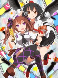  2girls :q black_hair black_socks black_thighhighs brown_eyes brown_hair camera cellphone checkered_clothes checkered_skirt commentary_request geta gotyou hat himekaidou_hatate long_hair multiple_girls open_mouth phone pleated_skirt purple_eyes shameimaru_aya short_hair skirt smile socks tengu-geta thighhighs tokin_hat tongue tongue_out touhou wings 