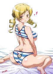  bikini blonde_hair breasts charlotte_(madoka_magica) commentary_request drill_hair female from_behind joy_ride large_breasts long_hair looking_at_viewer looking_back mahou_shoujo_madoka_magica mahou_shoujo_madoka_magica_(anime) sitting skindentation smile solo swimsuit tomoe_mami twin_drills twintails underboob wariza yellow_eyes 