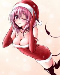  bad_id bad_nicoseiga_id bare_shoulders black_thighhighs blush boots breasts cleavage demon_tail dress elbow_gloves female gloves hat medium_breasts momo_velia_deviluke one_eye_closed pink_eyes pink_hair red_gloves rikku_(cake) santa_costume santa_hat short_hair smile solo tail thigh_boots thighhighs to_love-ru 