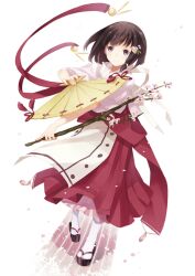  asahikawa_hiyori bell black_hair branch brown_eyes cherry_blossoms commentary_request female flower full_body geta hair_flower hair_ornament hakama hakama_skirt hand_fan holding holding_branch holding_fan japanese_clothes jingle_bell miko original ribbon_trim short_hair skirt solo standing tabi tasuki white_background 