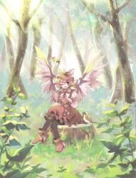  animal_ears bird black_pantyhose chachi_(azuzu) commentary_request eurasian_tree_sparrow female forest hat mystia_lorelei nature one_eye_closed open_mouth pantyhose photoshop_(medium) pink_hair short_hair sitting sitting_on_tree_stump smile solo sparrow touhou tree tree_stump wings 