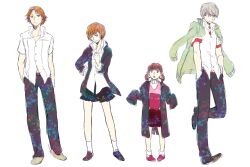  2boys 2girls bad_id bad_pixiv_id black_skirt blazer bobby_socks borrowed_clothes brown_eyes brown_hair closed_mouth collared_shirt cosplay costume_switch doujima_nanako dress dress_shirt frown full_body green_jacket grey_eyes grey_hair hair_ribbon hanamura_yousuke hand_in_pocket hands_in_pockets jacket jacket_on_shoulders leg_up lineup lolicon long_sleeves looking_at_viewer low_twintails magi12 miniskirt multiple_boys multiple_girls narukami_yuu oversized_clothes pants persona persona_4 pigeon-toed ribbon satonaka_chie school_uniform shirt short_hair short_sleeves short_twintails simple_background skirt sleeves_past_wrists sleeves_rolled_up smile socks standing standing_on_one_leg swept_bangs turtleneck twintails untucked_shirt white_background white_legwear white_shirt 