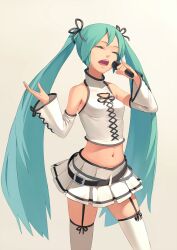  alternate_costume aqua_hair bare_shoulders belt closed_eyes commentary crop_top detached_sleeves female fkey garter_straps hatsune_miku highres long_hair microphone midriff miniskirt music nail_polish navel pinky_out project_diva_(series) project_diva_2nd simple_background singing skindentation skirt sleeveless sleeveless_turtleneck solo thighhighs turtleneck twintails very_long_hair vocaloid voice_(vocaloid) zettai_ryouiki 