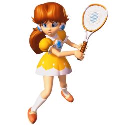  3d brown_hair dress female lowres mario_(series) mario_tennis official_art orange_hair princess_daisy racket solo super_mario_bros. super_mario_land 