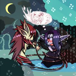  2girls bad_id bad_pixiv_id bare_shoulders blush bondage bondage bound extra_ears g5mercury kayle_(league_of_legends) league_of_legends long_hair morgana_(league_of_legends) multiple_girls plant pointy_ears purple_hair tears vines wings zyra 