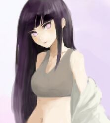  black_hair blurry breasts commentary_request depth_of_field female hime_cut hyuuga_hinata long_hair lowres medium_breasts midriff naruto:_road_to_ninja naruto_(series) naruto_shippuuden pink_eyes smile soft_focus solo sports_bra undressing yu_san 