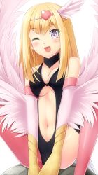  ;d absurdres asymmetrical_clothes bad_id bad_pixiv_id bare_shoulders blonde_hair blush breasts duel_monster feathered_wings feathers female hair_ornament harpie_girl_(yu-gi-oh!) harpy head_wings heart heart_hair_ornament highres komimiyako long_hair medium_breasts midriff monster_girl navel one_eye_closed open_mouth pantyhose purple_eyes red_legwear rock simple_background single_leg_pantyhose sitting smile solo thighhighs underboob white_background winged_arms wings yu-gi-oh! yu-gi-oh!_5d&#039;s 