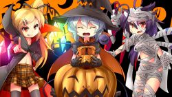  3girls alternate_costume bandaid black_hair black_thighhighs blonde_hair bow cape closed_eyes commentary_request flandre_scarlet grey_hair halloween halloween_costume hat houjuu_nue jack-o&#039;-lantern kimagure_ringo komeiji_koishi long_hair looking_at_viewer multiple_girls mummy oerba_yun_fang open_mouth photoshop_(medium) pointing pumpkin red_eyes side_ponytail skirt smirk stage_connection thighhighs touhou wings zettai_ryouiki 