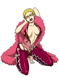  blonde_hair boa breasts cleavage donquixote_doflamingo feather_boa female female full_body kneeling one_piece rule_63 shichibukai simple_background solo sunglasses tongue tongue_out white_background 