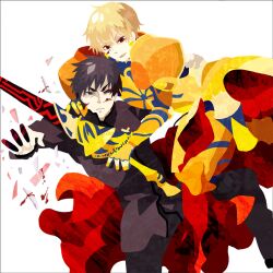  2boys bad_id bad_pixiv_id black_eyes black_hair black_keys_(type-moon) blonde_hair blood blood_on_face ea_(fate/stay_night) earrings fate/zero fate_(series) gilgamesh_(fate) jewelry kotomine_kirei kuroihato male_focus multiple_boys red_eyes weapon 