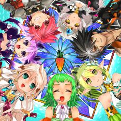  3boys 4girls aisha_landar aqua_eyes armor ascot black_hair blonde_hair brown_eyes carrot chung_seiker circle_formation closed_eyes code:_nemesis_(elsword) commentary_request crossover elsword elsword_(character) eve_(elsword) green_hair grin gumi hair_flaps iron_paladin_(elsword) joriosuta long_hair lord_knight_(elsword) multiple_boys multiple_girls open_mouth ponytail purple_eyes purple_hair raven_cronwell reckless_fist_(elsword) red_eyes red_hair rena_erindel short_hair smile spiked_hair twintails vocaloid void_princess_(elsword) white_hair wind_sneaker_(elsword) yellow_eyes 