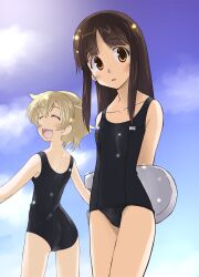  2girls black_hair blonde_hair brown_eyes closed_eyes commentary_request kickboard long_hair multiple_girls one-piece_swimsuit original osamada_meika school_swimsuit short_hair swimsuit 