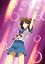  arm_up blue_sailor_collar blue_skirt brown_eyes brown_hair commentary_request female hair_ribbon hairband henshin highres iyakun kita_high_school_uniform neckerchief orange_hairband precure red_ribbon ribbon sailor_collar school_uniform serafuku shirt short_hair skirt solo standing summer_uniform suzumiya_haruhi suzumiya_haruhi_no_yuuutsu transformation white_shirt yes!_precure_5 