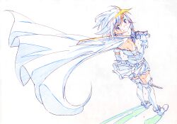  armband back bad_id bad_pixiv_id cape dual_wielding female gensei-225 gloves holding looking_back magical_girl mahou_shoujo_madoka_magica mahou_shoujo_madoka_magica_(anime) miki_sayaka miki_sayaka_(magical_girl) short_hair smile solo sword thighhighs weapon white_background 