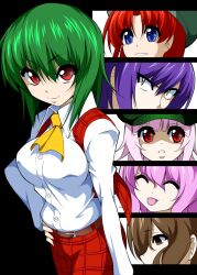  6+girls alternate_hair_color ascot bad_id bad_pixiv_id belt blue_eyes brown_eyes brown_hair closed_eyes column_lineup empty_eyes fujiwara_no_mokou green_hair hat hijiri_byakuren hong_meiling kazami_yuuka long_sleeves mattari_yufi multiple_girls pink_hair purple_hair red_eyes red_hair saigyouji_yuyuko smile tongue touhou yasaka_kanako yellow_eyes 