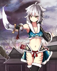  animal_ears bad_id bad_pixiv_id breasts building cleavage cloud collarbone dog_ears female fur_trim long_sleeves medium_breasts navel nosuku original short_hair smile solo sword thighhighs weapon wide_sleeves 