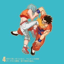  1boy bad_id bad_pixiv_id belt black_hair blue_background blue_hair bulma_briefs crop_top dragon_ball dragon_ball_z female holding_another&#039;s_wrist kicking kneeing midriff motion_blur origami_(red) scar short_hair socks translated wristband yamcha 