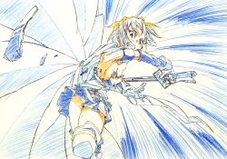  armband armor bad_id bad_pixiv_id belt blue_theme broken_armor cape clenched_teeth colored_pencil_(medium) female gensei-225 gloves magical_girl mahou_shoujo_madoka_magica mahou_shoujo_madoka_magica_(anime) miki_sayaka miki_sayaka_(magical_girl) short_hair skirt solo soul_gem sword teeth thighhighs traditional_media weapon 