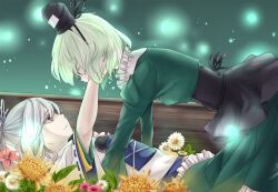  2girls chrysanthemum commentary couple dress eye_contact flower from_side green_dress green_eyes green_hair grey_eyes grey_hair hat hug_(yourhug) japanese_clothes kariginu long_sleeves looking_at_another lying mononobe_no_futo multiple_girls on_back photoshop_(medium) ponytail puffy_sleeves short_hair soga_no_tojiko tate_eboshi tears touhou wide_sleeves yuri 