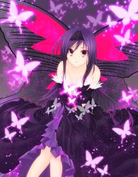  accel_world antenna_hair bare_shoulders black_hair brown_eyes bug butterfly butterfly_wings commentary_request elbow_gloves female gloves grey_butterfly highres insect_wings kuroyukihime long_hair purple_butterfly saya-sakurae solo wings 