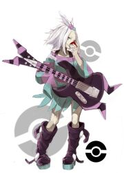  bad_id bad_pixiv_id bass_guitar blue_eyes boots female guitar holding holding_poke_ball instrument miki_bokaro platform_boots platform_footwear poke_ball pokemon pokemon_bw2 roxie_(pokemon) solo topknot white_hair 