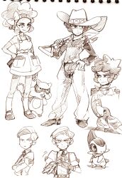  2boys aged_down apron axew bad_id bad_pixiv_id big_hair clay_(pokemon) dark_skin drayden_(pokemon) drilbur dusrhkqh female formal gloves hat lenora_(pokemon) multiple_boys patrat pokemon pokemon_(creature) pokemon_bw short_hair shovel standing very_dark_skin 