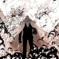  1boy baseball_cap clenched_hand epic fighting fire fist gloves hat jacket_on_shoulders lava male male_focus marine marineford military military_uniform moby_dick_(one_piece) molten_rock monochrome ocean one_piece outdoors ruins sakazuki_(akainu) ship smoke solo uniform 