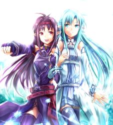  2girls armor asuna_(sao) asuna_(sao-alo) blue_eyes blue_hair blue_thighhighs breastplate commentary_request detached_sleeves fingerless_gloves gloves hairband long_hair multiple_girls pink_eyes pointy_ears purple_hair purple_legwear sakura_ani smile sparkle sword_art_online thighhighs yuuki_(sao) 