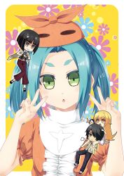  1boy 3girls :o aqua_hair araragi_koyomi bare_shoulders barefoot black_eyes black_hair blonde_hair carrying chibi commentary_request double_v green_eyes kagenui_yozuru kouji_(campus_life) long_hair mini_person miniboy minigirl monogatari_(series) multicolored_hair multiple_girls nisemonogatari ononoki_yotsugi oshino_shinobu pants photoshop_(medium) short_eyebrows short_hair shoulder_carry sigh twintails two-tone_hair v yellow_eyes 