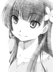  commentary_request female flower gofu greyscale hair_flower hair_ornament hydrangea light_smile long_hair looking_at_viewer monochrome sanka_rea sankarea solo traditional_media 