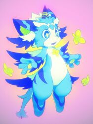  3:4 ambiguous_gender anthro biped blue_body blue_eyes blue_fur colorful_theme cotora floating fur horn open_mouth pink_background simple_background smile solo sparklefur tail unknown_species unusual_anatomy young young_anthro 