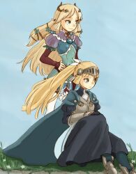  2girls armor armored_dress blonde_hair breastplate cape commentary_request eno_(8-23) forte_(rune_factory) gloves greaves green_eyes hair_ornament hand_on_own_hip long_hair margaret_(rune_factory) multiple_girls pantyhose pointy_ears ponytail rune_factory rune_factory_4 sitting standing thighhighs vambraces visor_(armor) 