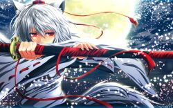  animal_ears bad_id bad_pixiv_id female hat highres inubashiri_momiji moon nekominase red_eyes short_hair solo sword tail tokin_hat touhou weapon white_hair wolf_ears wolf_tail 