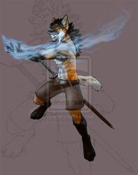  animal_genitalia canid canine clothed clothing distracting_watermark ear_piercing fox fuckie genitals grin magic male mammal maned_wolf melee_weapon piercing pose raksha ranged_weapon sheath smile solo topless watermark weapon 