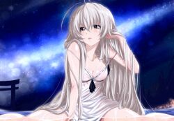  adjusting_hair antenna_hair arm_support bad_id bad_link bad_nicoseiga_id blush breasts cleavage female hand_in_own_hair kasugano_sora long_hair looking_away parted_lips partially_submerged rikku_(cake) sitting small_breasts solo torii very_long_hair wariza water wet wet_clothes wet_hair white_hair yellow_eyes yosuga_no_sora 