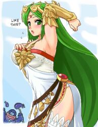  armor armpits blush breasts crown dress eggplant eggplant_wizard english goddess green_eyes green_hair hard_translated hat jewelry kid_icarus konpeto large_breasts long_hair lots_of_jewelry lowres nintendo palutena pendant thighhighs tiara translated very_long_hair 