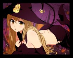  blonde_hair blush border breasts brown_eyes butt_crack cameo commentary_request elbow_gloves female gloves halloween hat high_heels long_hair lying medium_breasts minami-ke minami_chiaki minami_haruka minami_kana on_stomach rikku_(cake) shoes solo witch_hat 