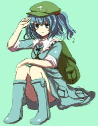  backpack bad_id bad_pixiv_id bag blue_eyes blue_hair female hair_bobbles hair_ornament kawashiro_nitori salute short_hair sitting sleeves_rolled_up solo touhou tsukiori two_side_up 