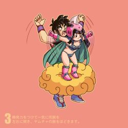  armor bad_id bad_pixiv_id bikini_armor black_hair boots breasts cape chi-chi_(dragon_ball) cleavage cloud dragon_ball dragon_ball_(classic) female flying_nimbus gloves helmet long_hair medium_breasts midriff navel open_mouth origami_(red) pink_background pink_footwear translation_request whorled_clouds wristband yamcha 