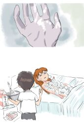  1boy annoyed bad_id bad_pixiv_id bed blue_eyes brown_hair clothed_male_nude_female female food fruit icing ikari_shinji long_hair lying milk mixing_bowl moti2003 neon_genesis_evangelion nude nyotaimori orange_hair parody pillow school_uniform sexually_suggestive short_hair souryuu_asuka_langley strawberry the_end_of_evangelion whipped_cream whisk 